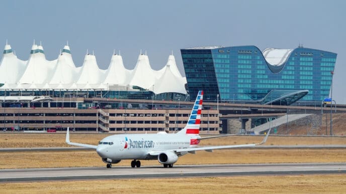 DENVER, USA-OCTOBER 17 Boeing 737 operated by American taxis on October 17, 2020 at Denver International Airport, Colorado. American Airlines is a major airline headquartered in Fort Worth, Texas.