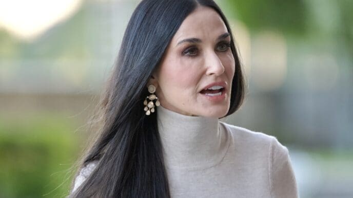 Demi Moore before entering the Max Mara fashion show in Stockholm City Hall