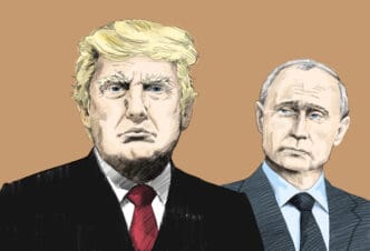 An artistic portrait drawing of Donald Trump with blonde hair and a red tie, and Vladimir Putin with a grey tie standing slightly behind him, against a plain beige background.