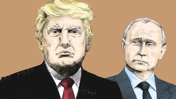 An artistic portrait drawing of Donald Trump with blonde hair and a red tie, and Vladimir Putin with a grey tie standing slightly behind him, against a plain beige background.