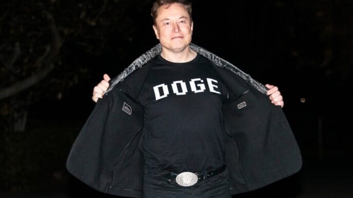 Elon Musk reveals a DOGE t-shirt and a Tesla belt buckle before entering the White House