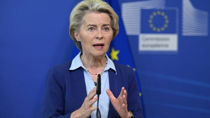 European Commission President Ursula von der Leyen speaks during a media conference after a meeting of the College of Commissioners at EU headquarters in Brussels. Brussels, Belgium. 23.06.2023