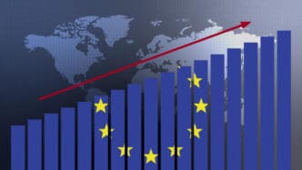 European Union flag on bar chart concept with increasing values economic