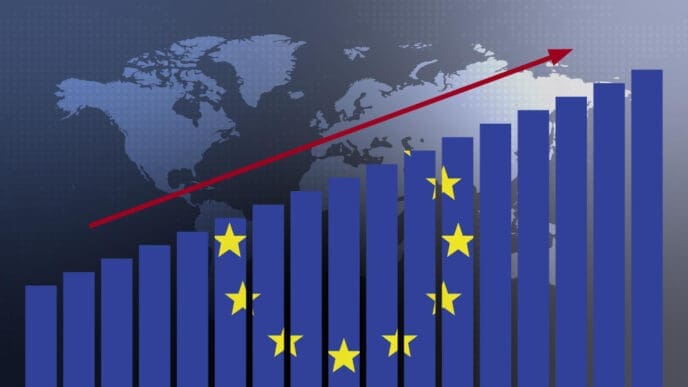 European Union flag on bar chart concept with increasing values economic