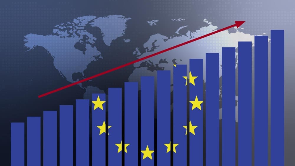 European Union flag on bar chart concept with increasing values economic