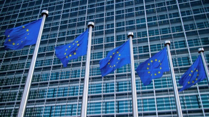 European flags in front of the Berlaymont building in Brussels, Belgium.