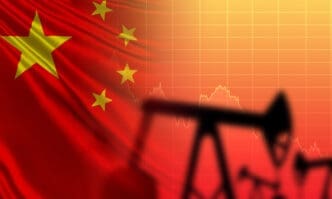 Flag of People's Republic of China. Oil rigs on the background of the flag. Silhouette of an oil pump. Concept - China's impact on oil prices. Dependence of the commodity market from China. PRC