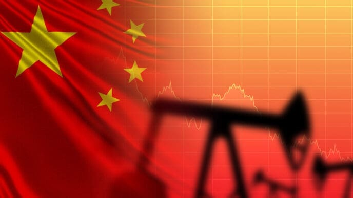 Flag of People's Republic of China. Oil rigs on the background of the flag. Silhouette of an oil pump. Concept - China's impact on oil prices. Dependence of the commodity market from China. PRC