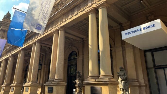 Frankfurt, Hessen - Germany, August 16 2022 The Frankfurt Stock Exchange or Deutsche Börse is located at the Börsenplatz building in Frankfurt Germany.