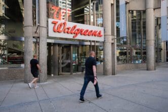Front view of a Walgreens pharmacy store in Boston, Massachusetts