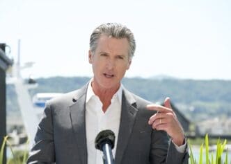 Governor Gavin Newsom speaking at a Press Event announcing a climate partnership between CA and Norway, a commitment to international climate collaboration