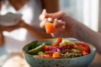 High angle delicious salmon bowl indoors