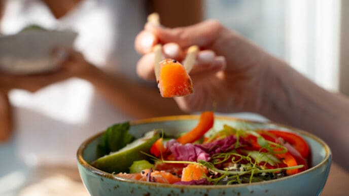 High angle delicious salmon bowl indoors