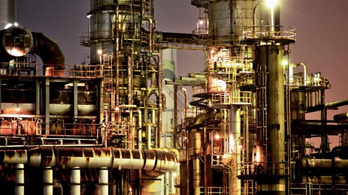 Illuminated oil industry against sky at night