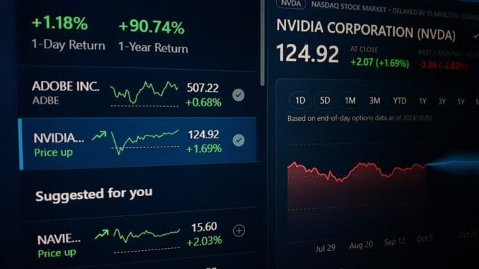 Image of a watchlist on a laptop, showcasing the stock price of NVIDIA and ADOBE corporations in real time and suggesting the forecast. By Shutterstock.com - Nwz