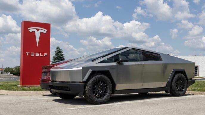 Indianapolis - May 19, 2024: Tesla Cybertruck display at a dealership. Tesla claims the Cybertruck has a driving range of up to 340 miles. MY:2024
