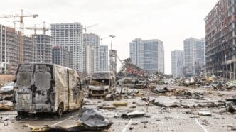 KYIV, UKRAINE - Mar. 29, 2022 War in Ukraine. Shopping center that was damaged by shelling on 21 March by a Russian attack in Kyiv, where according to emergency service, at least six people died