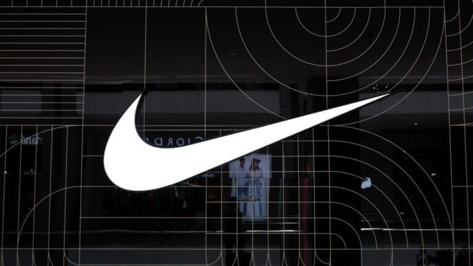 Kuala Lumpur, Malaysia on 17 August 2024 Nike logo on the wall of the store in Pavilion shopping mall KL. Nike is a global sports clothes and running shoes retailer