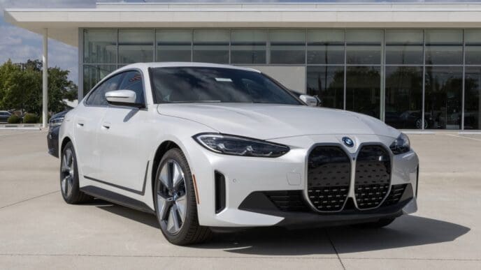 Lafayette - September 15, 2023 BMW i4 eDrive40 All-Electric Gran Coupe display at a dealership. BMW also offers the i4 in eDrive35 and xDrive40 models.