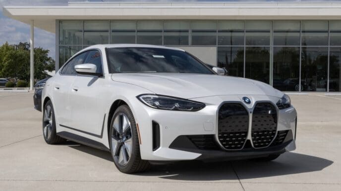 Lafayette - September 15, 2023 BMW i4 eDrive40 All-Electric Gran Coupe display at a dealership. BMW also offers the i4 in eDrive35 and xDrive40 models.