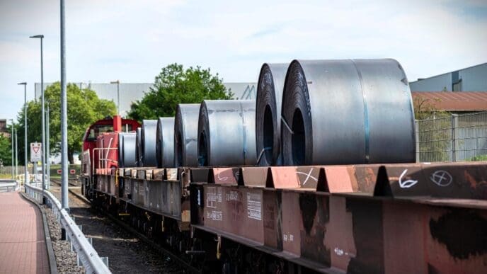 Large rolls of sheet metal lying on a freight wagon pulled by locomotives