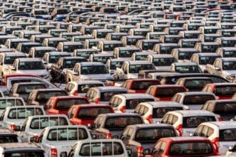 Lines of new cars at the port