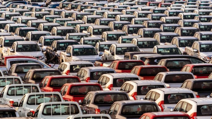 Lines of new cars at the port
