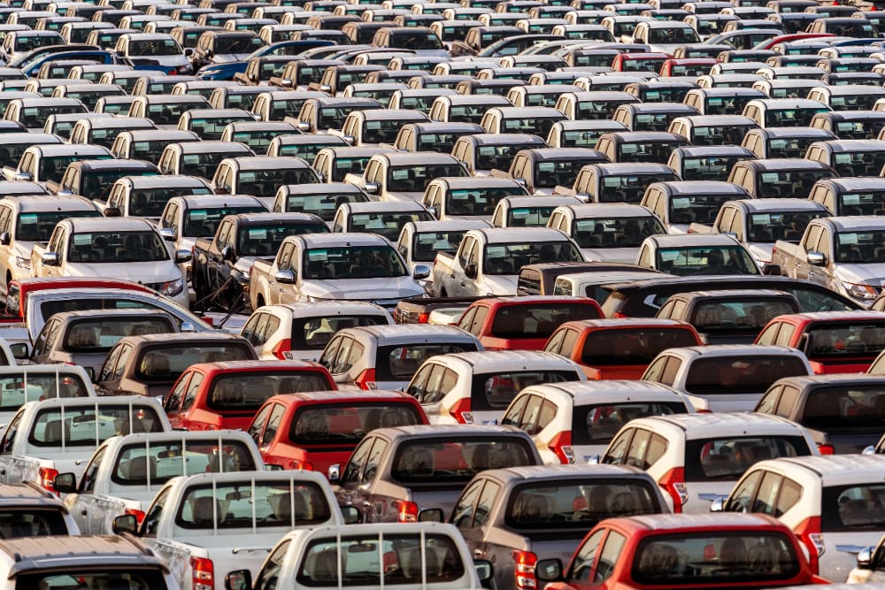 Lines of new cars at the port