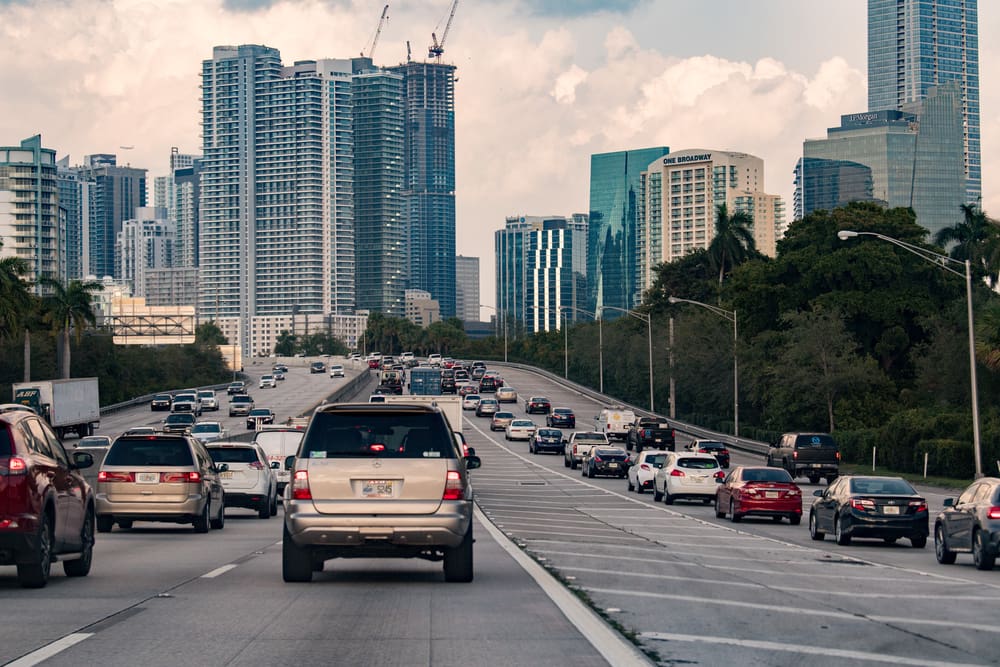 MIAMI, USA - FEBRUARY 9, 2017 - Miami Florida congested highways with many cars transit every day