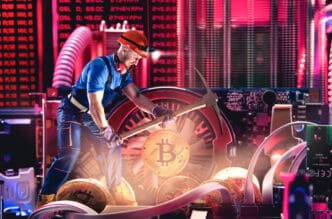 Macro view of miner working for bitcoins mine pool. Devices and technology for mining cryptocurrency. By Shutterstock - Vitte Yevhen