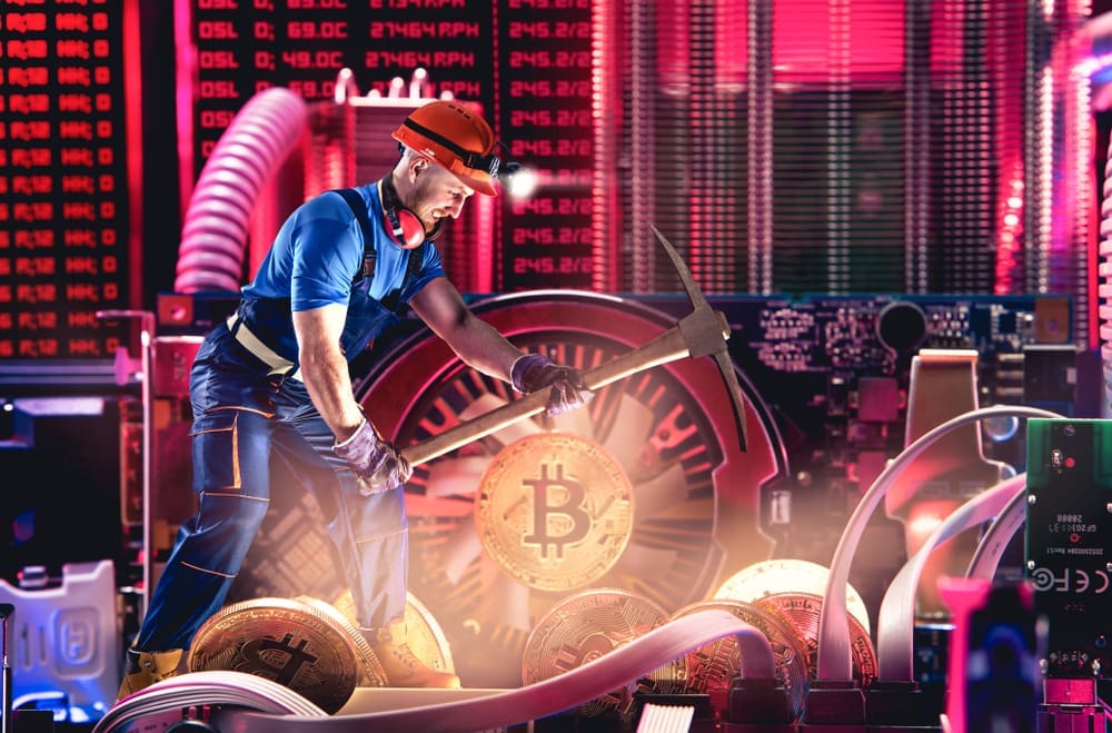 Macro view of miner working for bitcoins mine pool. Devices and technology for mining cryptocurrency. By Shutterstock - Vitte Yevhen
