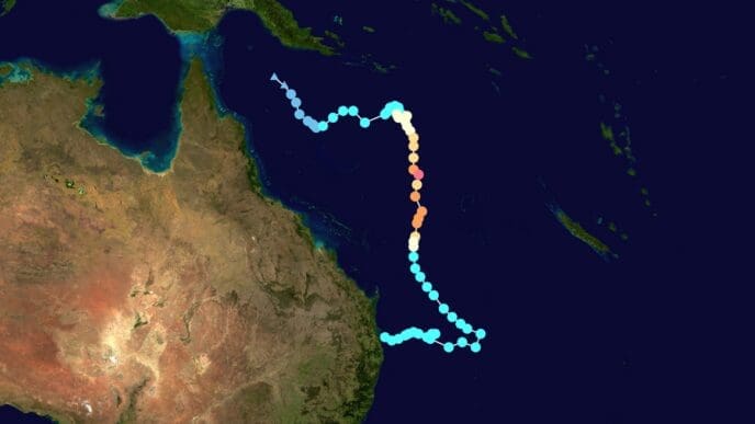 Map plotting the storm's track and intensity, according to the Saffir–Simpson scale showMap key