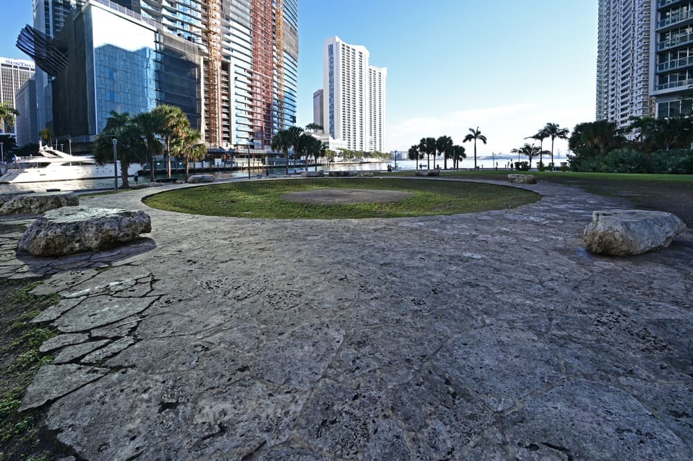 Miami, Florida 01-24-2021 Miami Circle, an archeological site at Brickell Point attributed to Tequesta Indians thought to be 2,000 years old. By Shutterstock. com - Francisco Blanco.