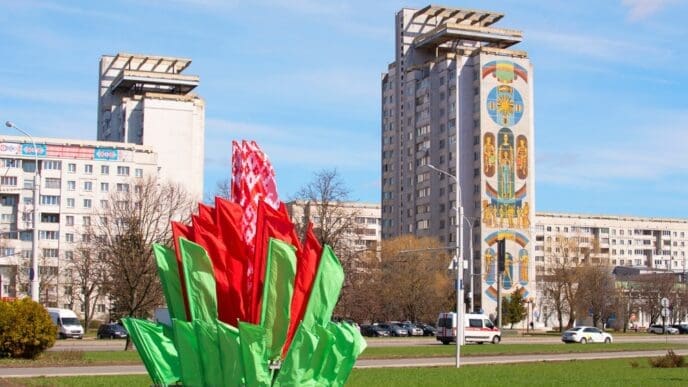 Minsk, Belarus-APRIL 26, 2022 State flags of the Republic of Belarus are waving in the wind on a flagpoles