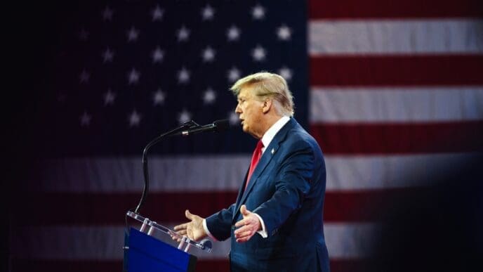 NATIONAL HARBOR, MD, USA- February 24, 2024: Donald Trump speaks at CPAC about his plan for defeating current President Joe Biden in November.