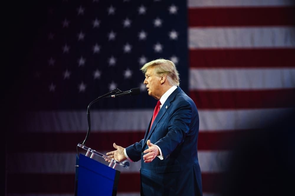 NATIONAL HARBOR, MD, USA- February 24, 2024: Donald Trump speaks at CPAC about his plan for defeating current President Joe Biden in November.