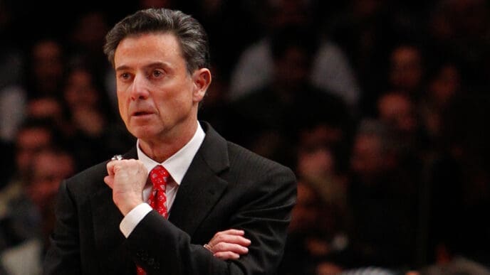 NEW YORK-MAR 10: Louisville Cardinals head coach Rick Pitino on the sidelines against the Cincinnati Bearcats during the Big East Tournament on March 10, 2012 at Madison Square Garden in New York City