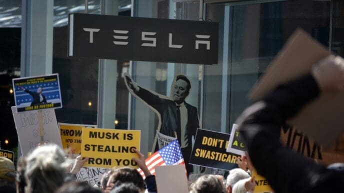 NEW YORK, NEW YORK USA - March 1, 2025: Protest against Elon Musk and DOGE cuts to government funding in front of a Tesla showroom in Manhattan.