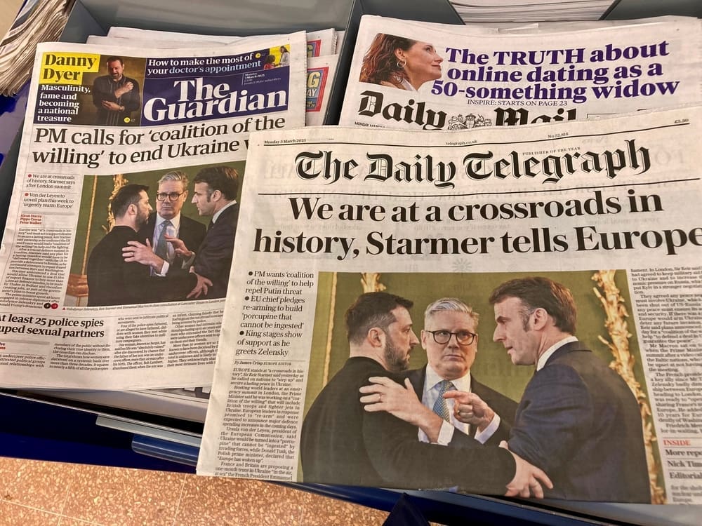 Nottinghamshire, UK - 03 Mar 2025. Attitude of UK newspaper toward Zelensky visit UK, also the support from UK and France. By Shutterstock - Steve Travelguide