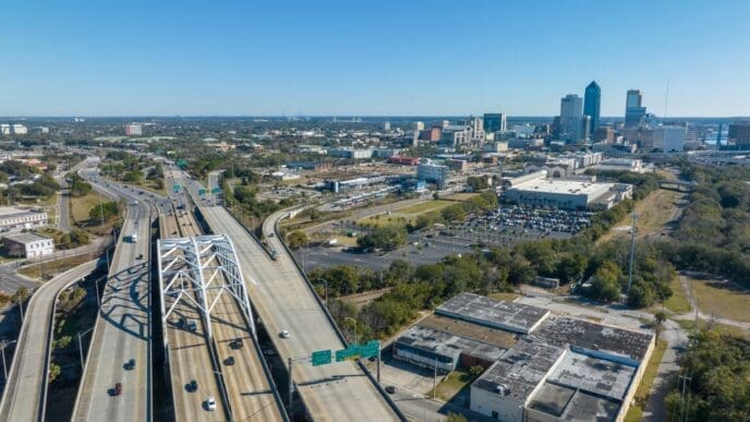 Overview of downtown Jacksonville with interstate 95 on the left side of the image