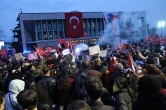 Protesters rally in front of Istanbul Municipality after the arrest of Mayor Ekrem İmamoğlu in Istanbul, Turkey -March 24, 2025. By Shutterstock.com - Sadik Gulec