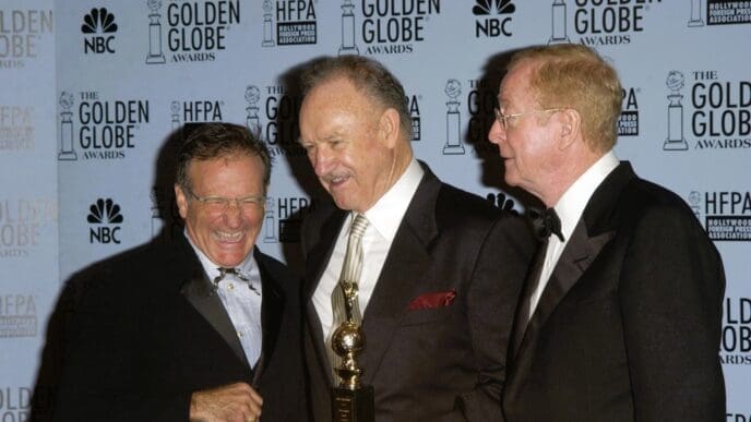 ROBIN WILIAMS (left), GENE HACKMAN & MICHAEL CAINE at the 60th Annual Golden Globe Awards at the Beverly Hills Hilton. 19JAN2003. Paul Smith Featureflash