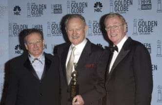 ROBIN WILIAMS (left), GENE HACKMAN & MICHAEL CAINE at the 60th Annual Golden Globe Awards at the Beverly Hills Hilton. 19JAN2003. Paul Smith Featureflash