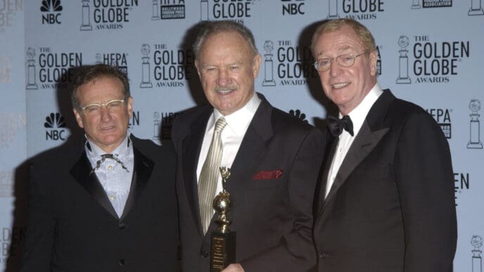 ROBIN WILIAMS (left), GENE HACKMAN & MICHAEL CAINE at the 60th Annual Golden Globe Awards at the Beverly Hills Hilton. 19JAN2003. Paul Smith Featureflash