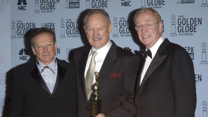 ROBIN WILIAMS (left), GENE HACKMAN & MICHAEL CAINE at the 60th Annual Golden Globe Awards at the Beverly Hills Hilton. 19JAN2003. Paul Smith Featureflash