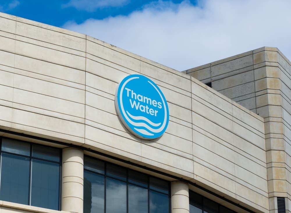 Reading, UK - March 27th 2023 The logo of Thames Water Utilities Ltd, known commonly as Thames Water, is seen on the front of their Reading headquarters.