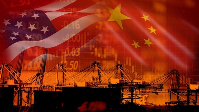 Scenic view of illuminated harbor at night with US vs China flags