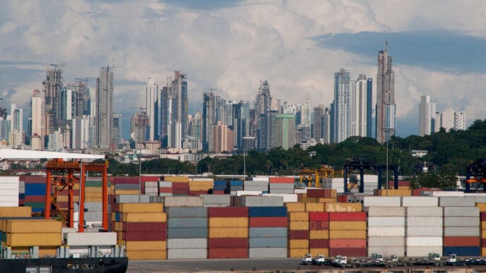 Shipping port showing several cargo containers in Panama City
