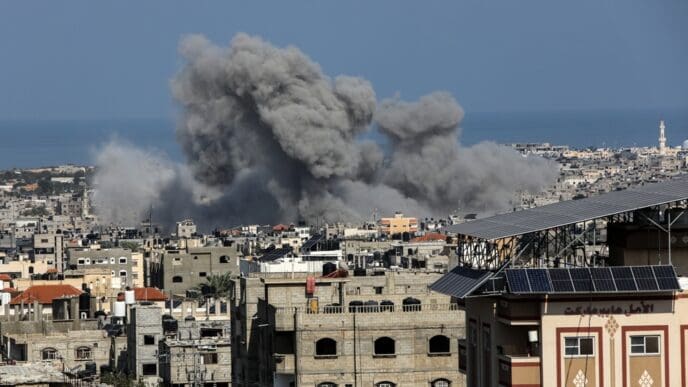 Smoke rises after Israeli air strikes near the border east of the city of Rafah in the southern Gaza Strip, on October 12 2023