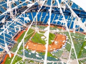 St Petersburg, FL, USA - October 11, 2024 Tropicana Field Stadium St Petersburg Florida aftermath from Hurricane Milton 2024